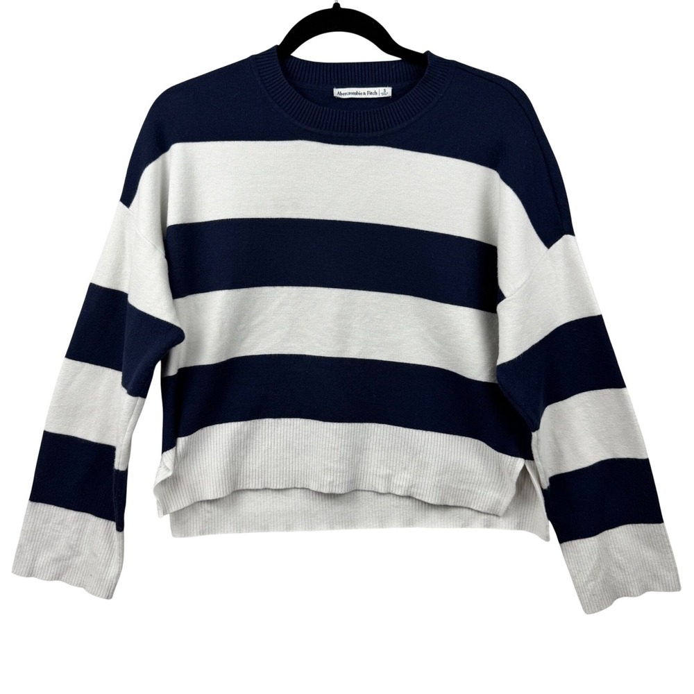 Abercrombie‎ & Fitch Striped Sweater Womens Small Navy White Cropped Nautical - Picture 2 of 13